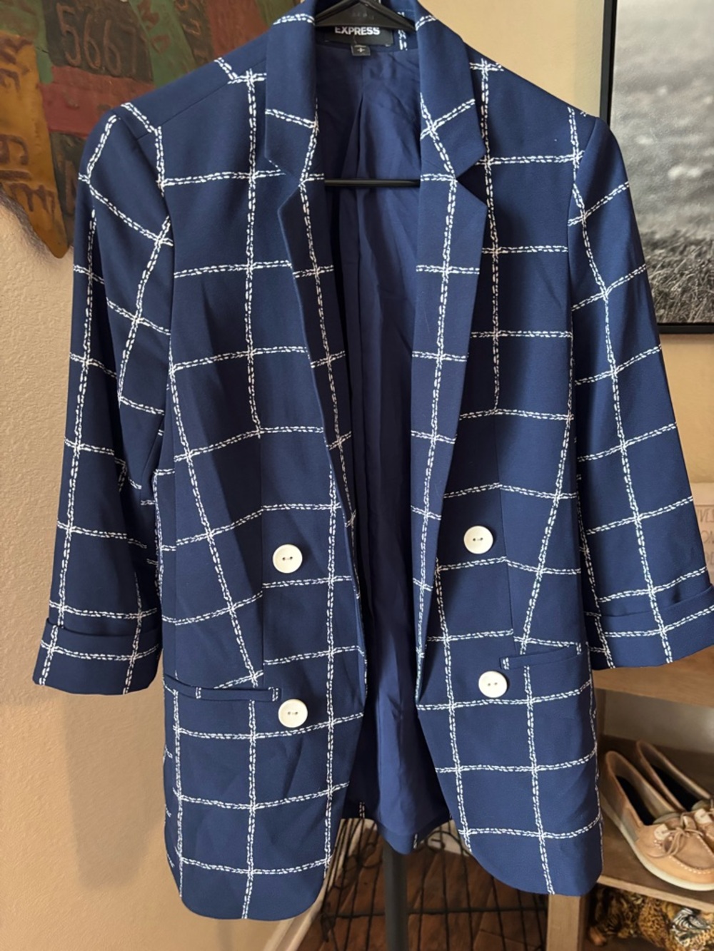 Express Navy Blazer with White Windowpane Grid - Picture 3 of 6
